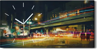 Produktbild von Wandbild Leinwand Bilder mit Uhr 60x30 Nacht Stadtstraße mit bunten Licht - weiße Hände