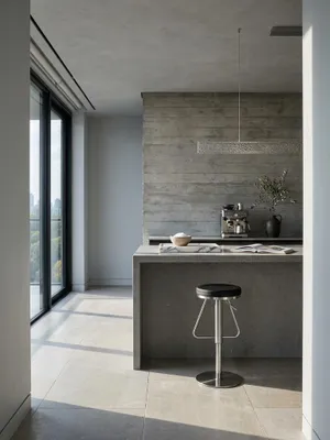 Moderner Barhocker in Schwarz mit Edelstahlgestell an einer freistehenden Kücheninsel aus dunklem Kalkstein im puristischen Architektenhaus._#sku_SAFWL1.291#