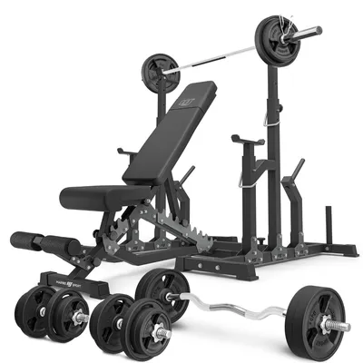 Produktbild von Marbo Sport - Set MS2_2.0_113KG_G | Doppelseitige Bank + verstellbare Ständer + Stangen- und Hantelscheiben gummiert Set 113 kg