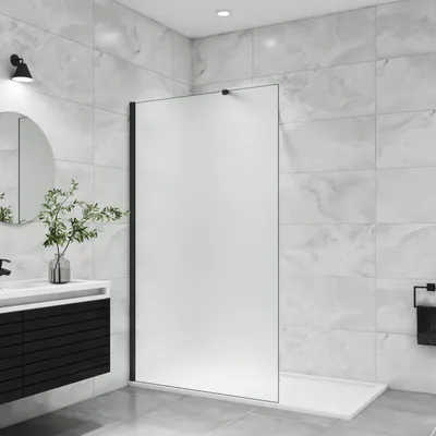 A modern bathroom with a walk-in shower.