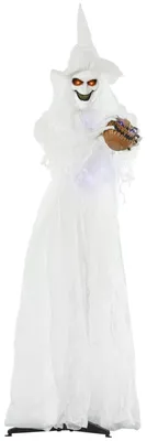 Zdjęcie produktu dla Outsunny, figura "Biała Wiedźma" o wysokości 189 cm, z głową w kształcie dyni, dekoracja na Halloween do użytku zewnętrznego, w naturalnej wielkości