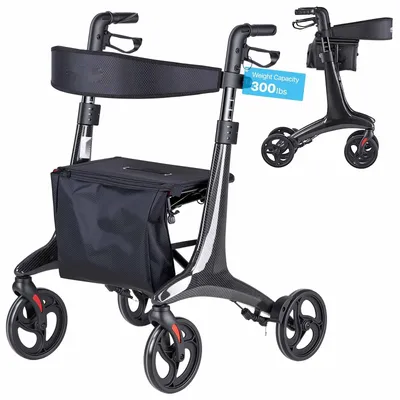 Produktbild von Rollator - Faltbarer Gehwagen mit Sitz - Leicht - Große 20,3-cm-Räder - Tragkraft 136 kg - Höhenverstellbar - Rückenlehne, Tasche & Gehstockhalter - Feststellbremse - Schwarz