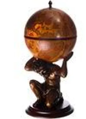 A globe bar on a stand shaped like the mythological figure Atlas, presented against a white background.