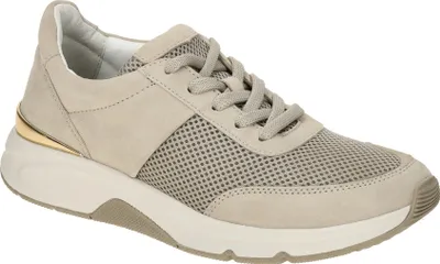 A single beige sneaker with mesh and suede details, and a gold accent on the heel.