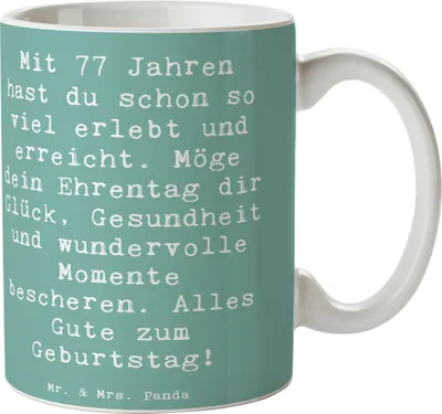 Produktbild von Mr. & Mrs. Panda Keramiktasse Spruch 77. Geburtstag Glückwunsch - Meeresbrise - Geschenk, besonderes Alter, schöne tasse, Trinkbecher, Lebensfreude, Happy Birthday