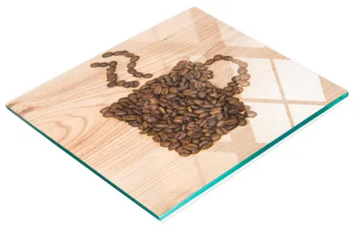 Produktbild von Dekoratives Küchenschneidebrett aus Glas, Kaffeebohnenbecher, 60 x 52 cm