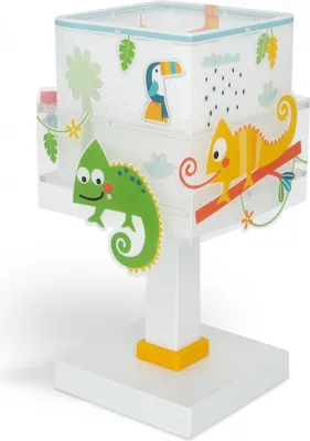 Produktbild von Bunte Kinder Tischlampe Chamäleon mit Doppelschirm und ausgestanzten Motiven