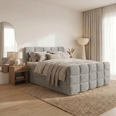 Produktbild von ELVORA DESIGNE Boxspringbett 140x200 cm PURE mit 2 Bonellmatratzen H3 & Topper, 2 Bettkästen, Grau, KI-generiertes Bild