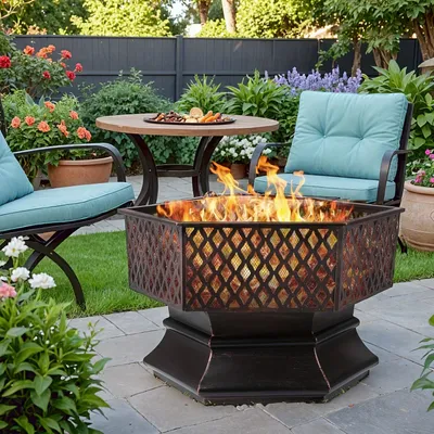 Imagen del producto de Brasero - Hoguera - Chimenea de jardín - Rejilla para fuego - Chimenea exterior - Diseño hexagonal - Hierro resistente al calor hasta 500°C