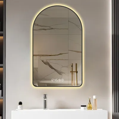 Produktbild von AIORBER LED Badspiegel 60x120 cm mit Uhr Temperatur Anti-Beschlag dimmbar 3 Lichtfarben Wandspiegel Badezimmerspiegel Schwarz
