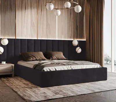 Produktbild von Polsterbett Vilde 200x200 mit Wandpaneelen 300 cm, Bettkasten, Samtbezug Piano 17 Schwarz, stabile Konstruktion