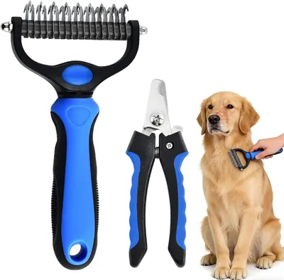 Produktbild von Doppelseitiger Entfilzungskamm und Nagelschere für Hunde und Katzen, ABS und Edelstahl, 1 Set, für Tierpflege