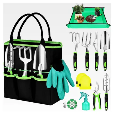 Produktbild von Gartenwerkzeug Set, 12-teiliges Set mit robusten Gartengeräten, dauerhafter Gartenschaufel, Umtopfmatte, Aufbewahrungstasche, Geschenke für Gartenliebhaber