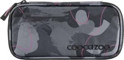A close-up view of a pencil case with a camouflage pattern.
