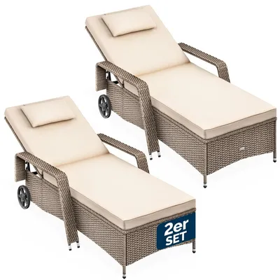 Produktbild von Casaria® Sonnenliege 2er Set mit Rollen 7cm Auflage Extra Breit 90cm Gartenliege Wetterfest 165kg Belastbar Terrasse Balkonmöbel Liegestuhl Creme