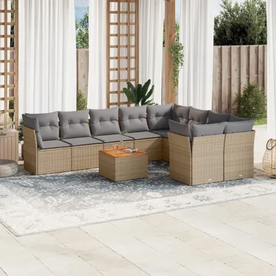 Produktbild von Design 10-tlg. Garten-Sofagarnitur mit Kissen Beige Poly Rattan, Gartenmöbel-Sets 2024 Neu