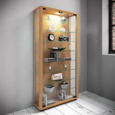 Produktbild von VCM Glasvitrine stehend | Vitrine Glas mit ESG-Sicherheitsglas | Maße ca.H. 113 x B. 59 x T. 18 cm | Standvitrine Glas | Modern und platzsparend | Glas Vitrinenschrank – Lumo Maxi