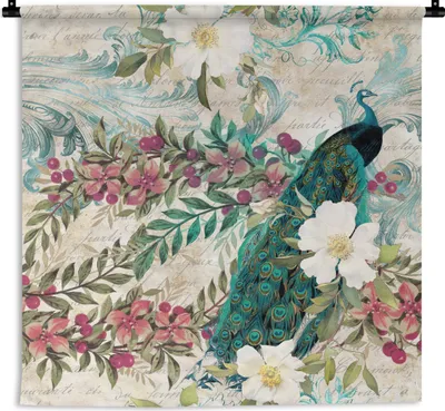 Produktbild von MuchoWow® Wandteppich Wandbehang Blumen - Kunst - Pfau 150x150 cm Tapisserie Dekoration Wandtuch - Wohnaccessoires - Modernes