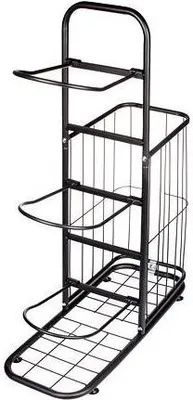 A black metal sports equipment organizer with multiple shelves and a basket.