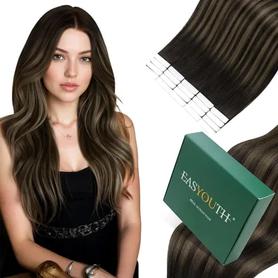 Productafbeelding van Echte haarverlengingen, tape-in, ombre, asbruin, balayage, donkerbruin, 55 cm, 50 gram, Remy, glad