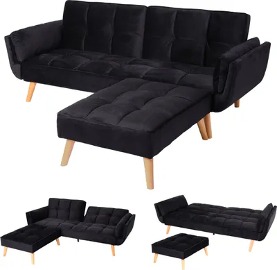 A collage of a black velvet sofa bed in different configurations, including with an ottoman and as a flat bed.