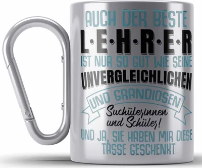 Produktbild von Trendation - Lehrer Geschenk Edelstahl Tasse Karabiner Abschied Abschiedsgeschenk für Lehrer Abi Abitur Geschenkidee (Silber)