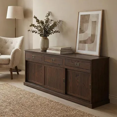 Produktbild von Anrichte SAVONA Sideboard Kommode Kieferkommode mit 3 Türen und 3 Schubladen, Massivholz, Nussbaumfarben
