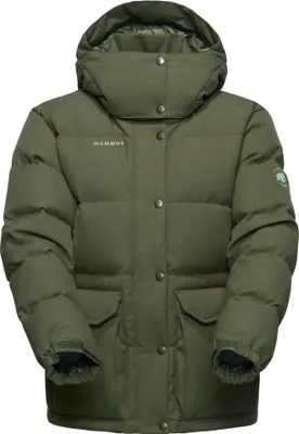 Olivegrüne Mammut Roseg 2.0 IN Jacke mit Kapuze und Druckknöpfen vorne