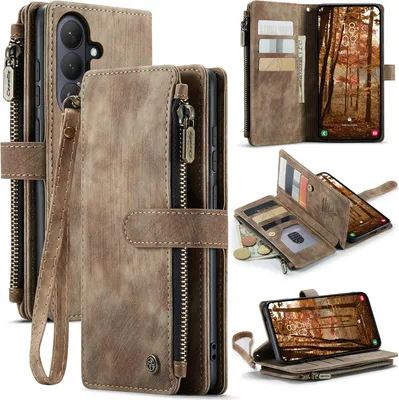 Image de Étui en cuir pour Samsung Galaxy S26+, étui en cuirPolyuréthaneavec fermeture à glissière, fermeture magnétique, poche pour cartes, support, étui portefeuille marron