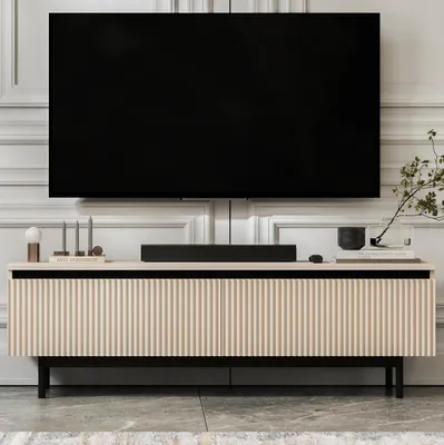 Produktbild von TV-Lowboard SELENE von Lindner Möbel – zweitürig – 140 x 44 x 35 cm - Farbe: Kaschmir matt – Italienische Tiefmattfolie - Schwarzer Rahmen