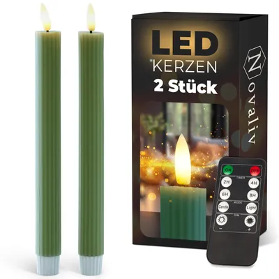 Produktbild von Stabkerzen LED mit Timer Grün 2er indoor mit 6 Stunden Timer - ECHTWACHS gerippt 23cm Höhe für Kerzen 2,2cm Durchmesser 2 AAA Batterien notwendig LED Stabkerzen flackernde Flamme bewegliche Flamme
