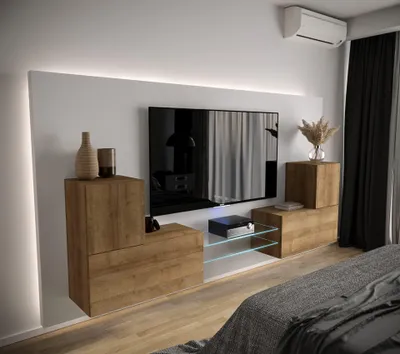 Obrázek produktu pro Furnitech Obývací stěna - Nábytek do obývacího pokoje s LED diodami Bílá - Závěsná skříňka Moderní - Obývací stěna s policemi a TV skříňkou (AN96-21DZ-M6 1B)