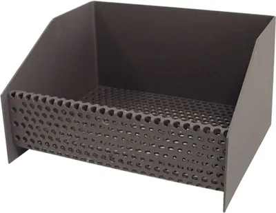 A dark gray metal basket with a perforated front, designed for holding pellets.