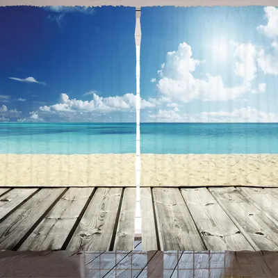 Produktbild von ARANDE Landschaft Gardine, Tropischer Strand Vom Hölzernen Pier Mit Himmel Landschaftssommer Bild, 280 x 225 cm, Creme Türkis Weiß
