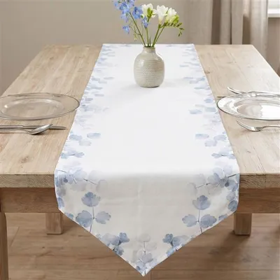 Produktbild von Tischläufer "Adana" weiß, mit Blätter Motiv in hellblau, 40x140 cm, Mitteldecke