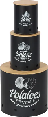 Produktbild von Relaxdays Aufbewahrungsbox 3er Set, Kartoffeln, Zwiebeln, Knoblauch, Gemüsebox Deckel, Vorratsdose Küche, Stahl, schwarz