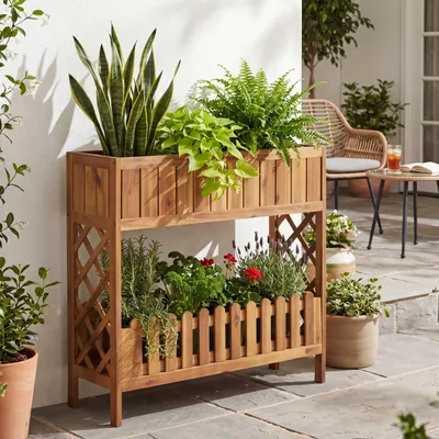 Immagine prodotto di Aiuola rialzata HWC-P83, fioriera/vaso da fiori, scaffale per fiori, da esterno, in legno di acacia ®, 90x95x31 cm ~ marrone