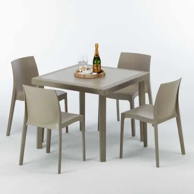 Produktbild von Polyrattan Tisch Quadratisch mit 4 Bunten Stühlen 90x90 Beige Elegance