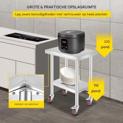Image de Table de travail en acier inoxydable - Table de cuisine avec plateau réglable et roulettes - Capacité de charge de 150 kg - Pour usage commercial et domestique