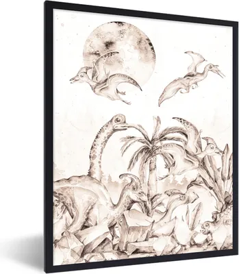 Produktbild von MuchoWow® Gerahmtes Poster Dino - Kinder - Dschungel - Pflanzen - Kinder 60x80 cm - Poster mit Schwarzem Bilderrahmen Wandposter Rahmen Foto Bilder - Premium - Wanddeko Wohnzimmer