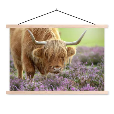 Produktbild von MuchoWow® Textilposter Schottische Highlander - Blumen - Natur 60x40 cm mit holzfarbenen Rahmen - Bilder