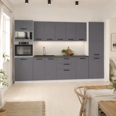 Produktbild von ULWEHOME | Küchenzeile 300 cm Anthrazit, Küchenmöbel-Set Grafit mit Gerätehochschrank, Vorratsschrank & geteilten Arbeitsplatten 100 cm, KI-generiertes Bild