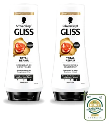 Immagine prodotto di 2 confezioni di balsamo riparatore totale Schwarzkopf Gliss, formato da 200 ml ciascuna, confezione da 2 pezzi