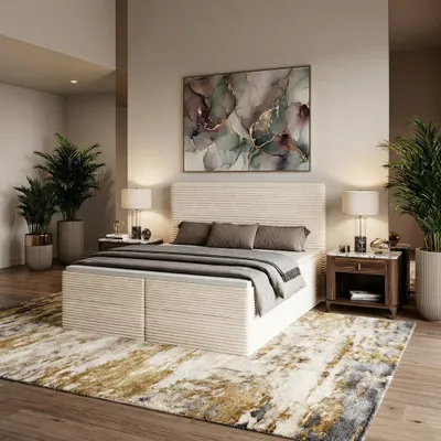 Produktbild von Boxspringbett RAVENO 140x200 cm mit Bettkasten inkl. Bonell-Federkernmatratze H3 und Topper – Stoff Tilia Weiß (CORD)