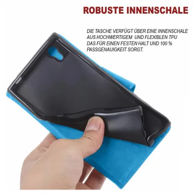 A hand holding a blue phone case, showing the inner lining.