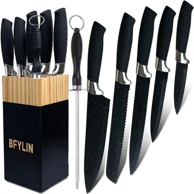 Produktbild von Küchenmesser Set 7-teilig mit Holzblock, Antihaftbeschichtung, Kochmesser, Brotmesser, Schälmesser, Messerschärfer