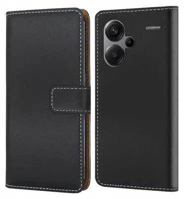A black flip-style phone case for a Xiaomi Redmi Note 13 Pro+ 5G is shown from two angles.