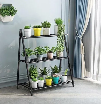 Image de Support à deux niveaux pour pots de fleurs en métal, noir, pour l'intérieur et l'extérieur