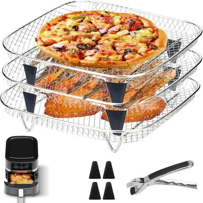 Produktbild von Airfryer Zubehör Set Edelstahl – 3-lagiger Gitterrost für Heißluftfritteuse, Ölablauf- & Grillgestell, lebensmittelecht & robust