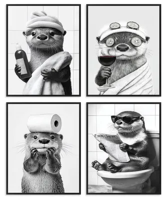 4 Otter Canvas Prints 20x25 cm, lustig, schwarz-weiß, ungerahmt